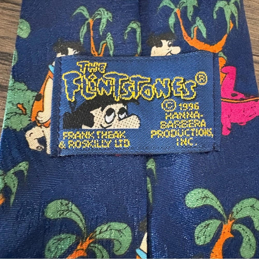 Vintage 1996 The Flintstones Hanna Barber Blue Polyester Tie Fred Dino 60”x3.75” - Picture 3 of 7